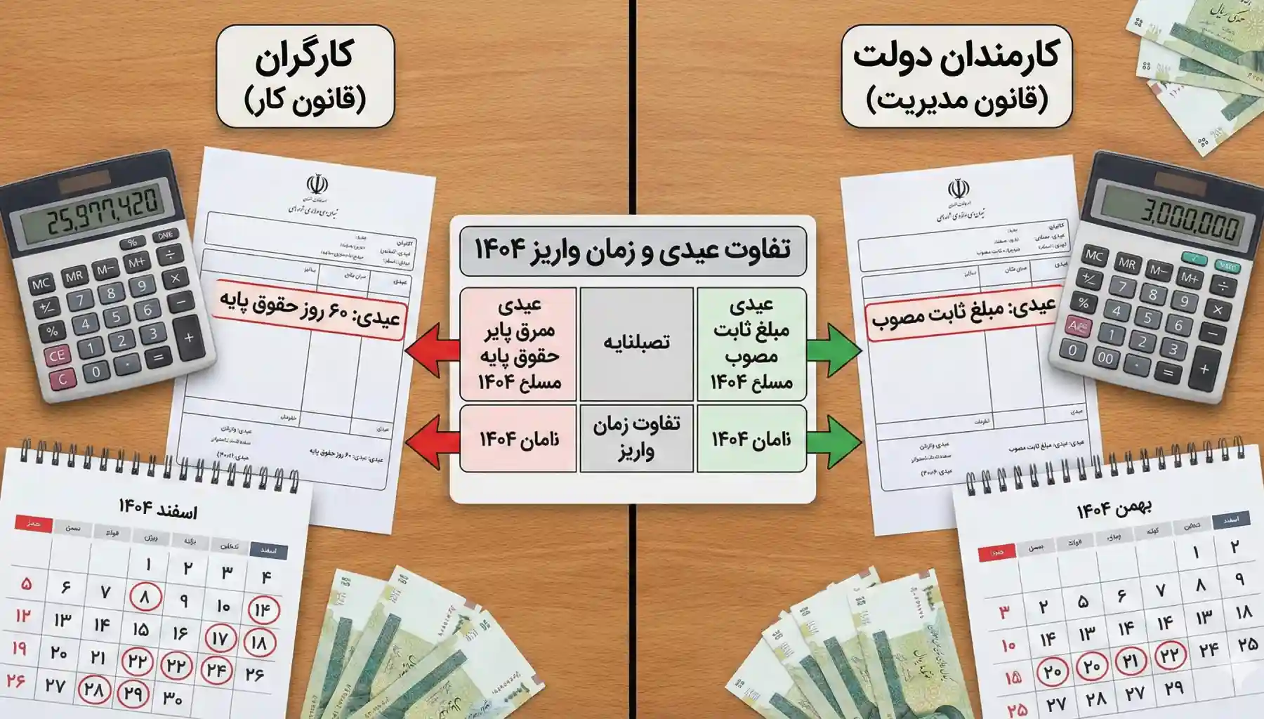 همه چیز درباره عیدی سال ۱۴۰۴؛ از نحوه محاسبه تا زمان پرداخت به کارگران و کارمندان 4 تفاوت عیدی کارمندان و کارگران