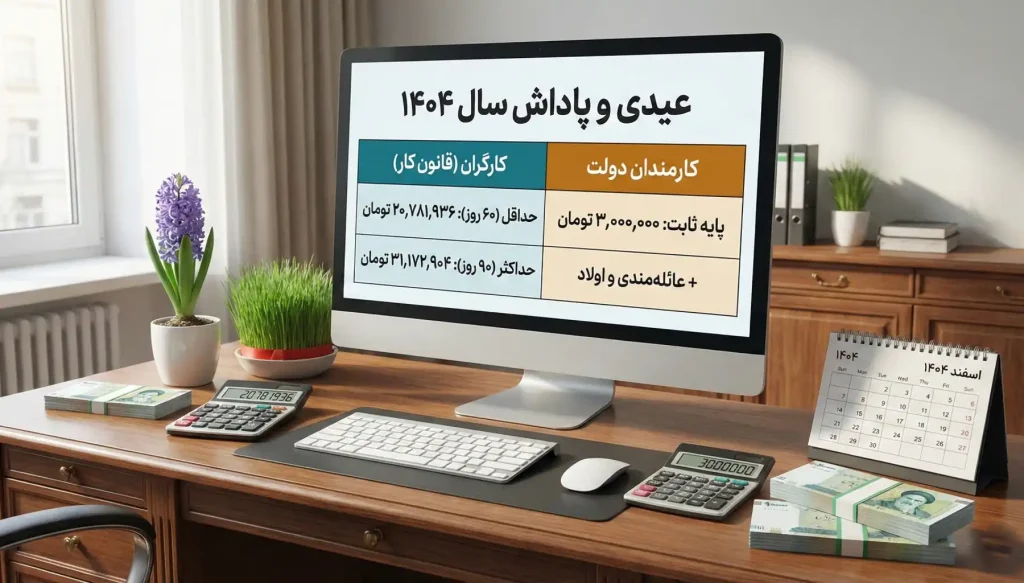 همه چیز درباره عیدی سال ۱۴۰۴؛ از نحوه محاسبه تا زمان پرداخت به کارگران و کارمندان 1 عیدی و پادادش 1404 کارمندان و کارگران